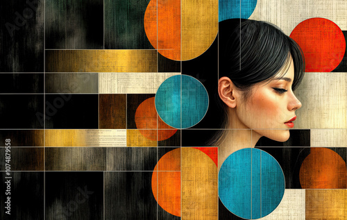 a close-up of a woman's face, with geometric shapes in shades of orange, blue, and yellow surrounding her.