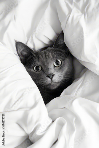 Cute grey cat playing in bed poking its head out of the duvet covers.
