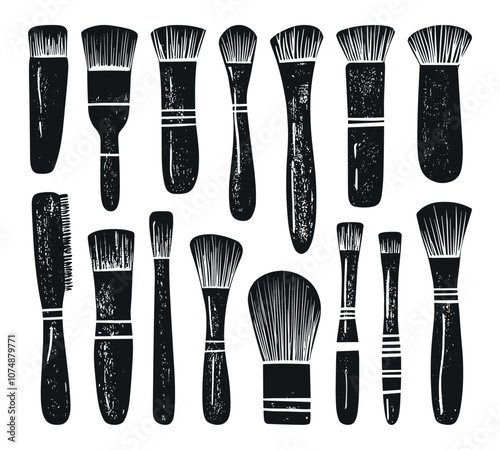 Makeup Brushes Hand-Drawn Linocut Grunge Texture Vector Set White Background with Distressed Design Beauty Art Vintage Graphics Cosmetic Tools Collection Makeup Accessories Fashion