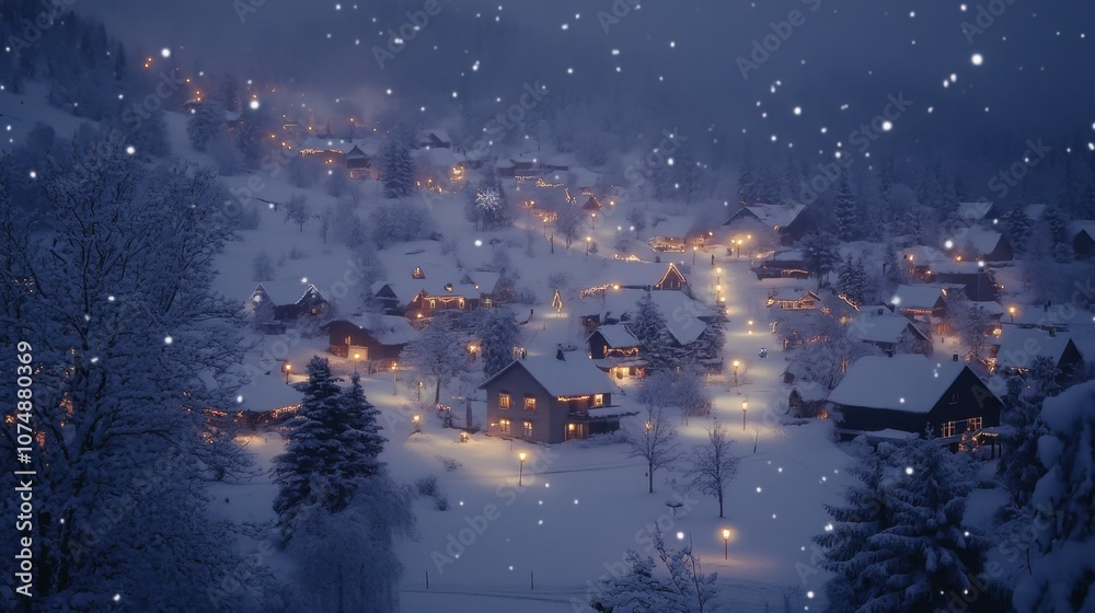 Enchanting winter village glows under soft snowfall at night Enchanting winter village glows under soft snowfall at night