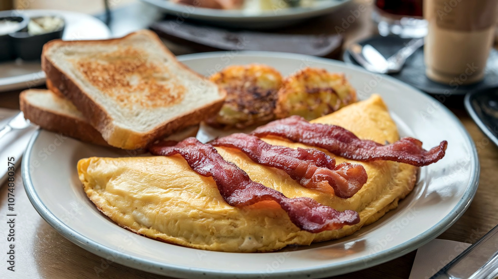 Delicious breakfast plate with fluffy omelet and crispy bacon on a rustic table setting in a cozy restaurant background, perfect for food and lifestyle visuals. Delicious breakfast plate with fluffy omelet and crispy bacon on a rustic table setting in a cozy restaurant background, perfect for food and lifestyle visuals.