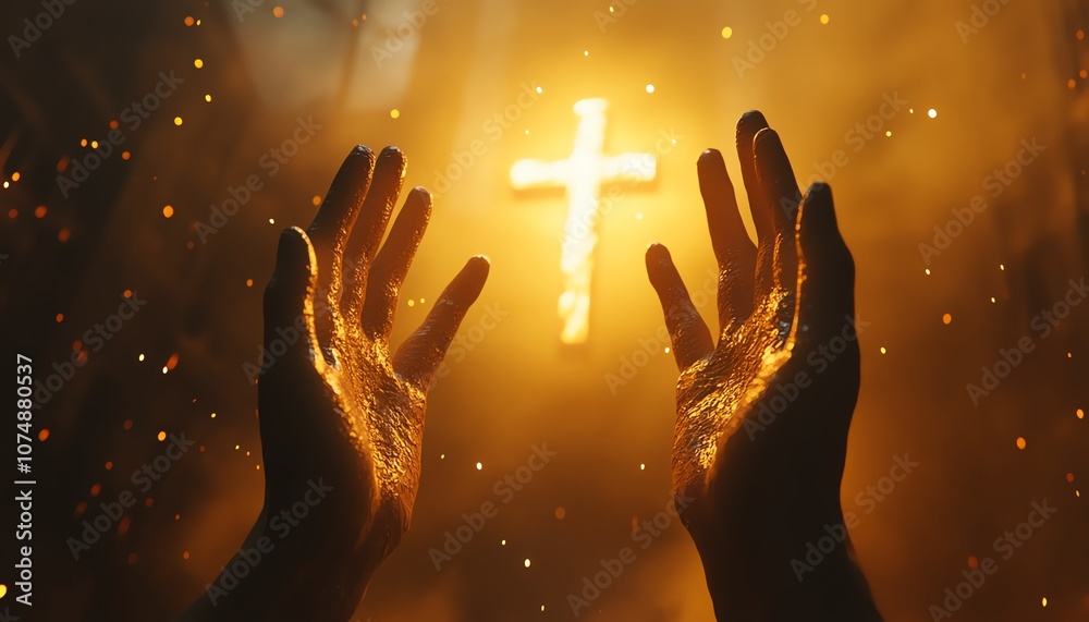 Closeup of hands reaching towards the sky with a glowing cross in the background, bathed in the light of a sunrise, generative AI, spiritual and uplifting scene Closeup of hands reaching towards the sky with a glowing cross in the background, bathed in the light of a sunrise, generative AI, spiritual and uplifting scene