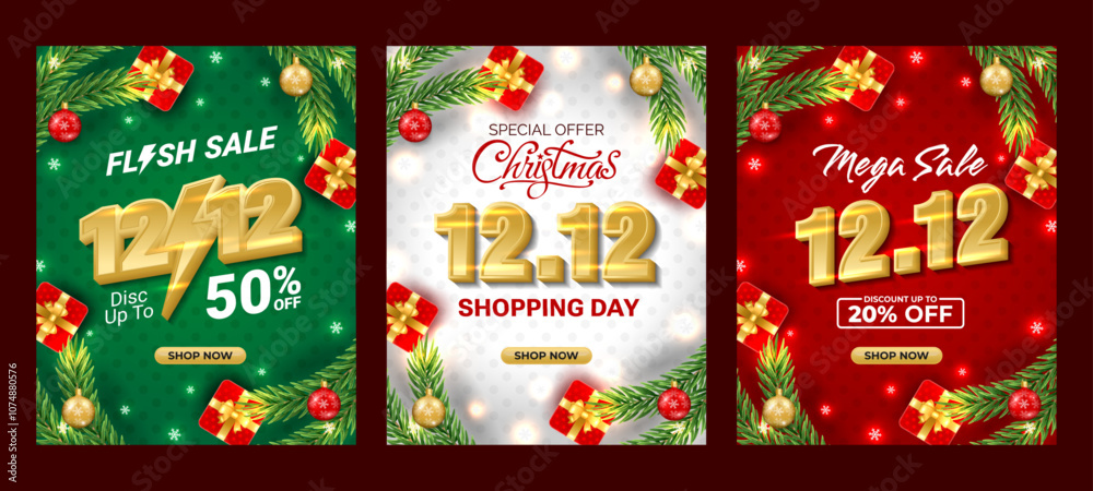 Naklejka premium 12.12 Sale, Flash Sale Vertical background with Christmas branch, balls, snowflakes. For sale, banner, posters, cover design templates, social media wallpaper stories. 2025 Christmas concept
