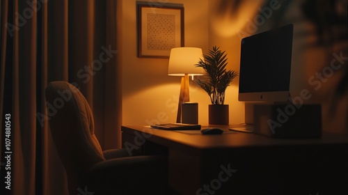 Cozy Home Office at Night with Warm Lighting and a Desk Lamp