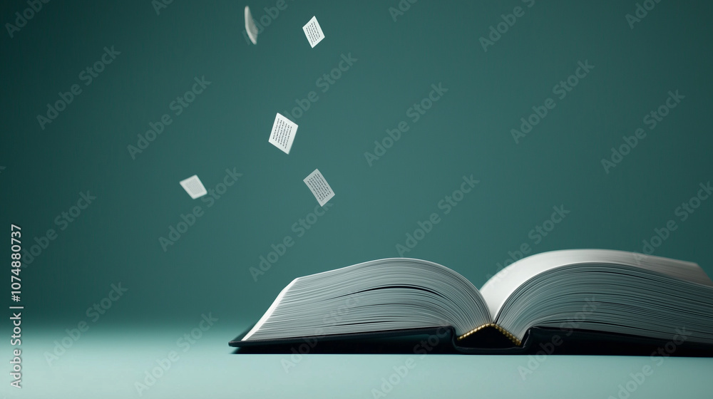 Fototapeta premium 3D model of an open book with floating text icons, symbolizing education and storytelling, on a plain background.