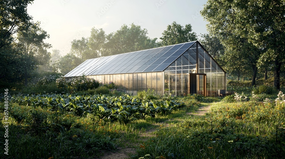 Serene Greenhouse Surrounded by Lush Vegetation and Flourishing Crops in a Bright Natural Landscape During Early Morning Light Serene Greenhouse Surrounded by Lush Vegetation and Flourishing Crops in a Bright Natural Landscape During Early Morning Light