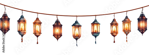 A string of ornate lanterns with warm, glowing lights hangs against a dark background. The intricate patterns and soft illumination create a festive and welcoming ambiance.