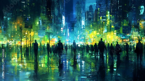 A crowded city street at night with glowing neon signs and reflections in the wet pavement.