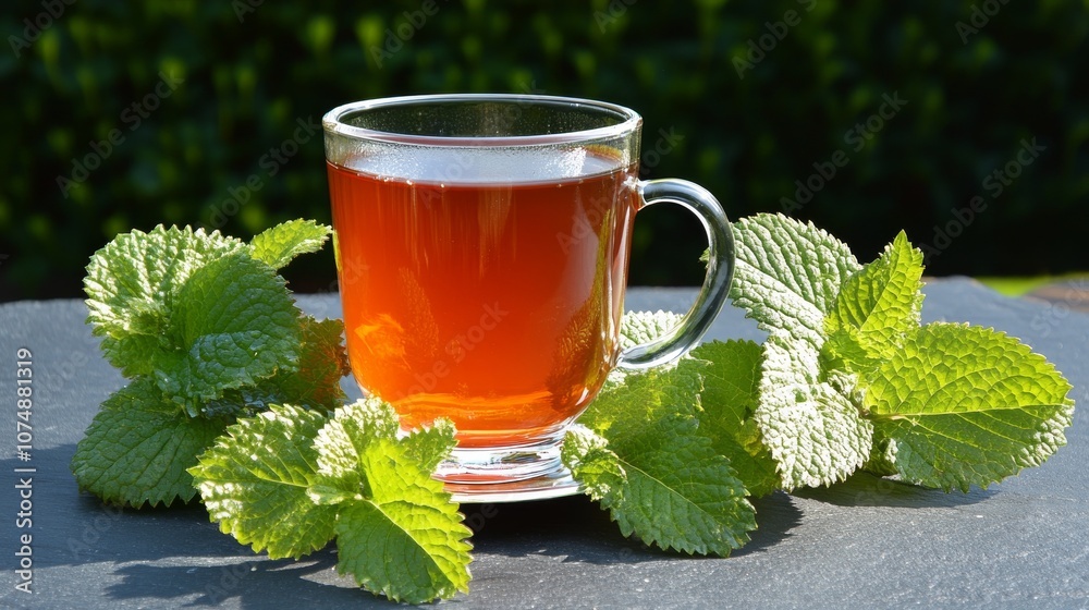 Taza de té de hierbas rodeada de hojas de menta fresca, sobre una mesa al aire libre en un entorno natural.
Taza de té de hierbas rodeada de hojas de menta fresca, sobre una mesa al aire libre en un entorno natural.