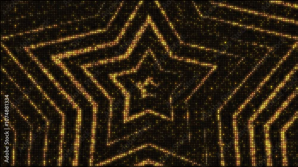 Golden lights backdrop set, glowing stars, seamless loop video animation, flashing light bulb, wall of lights motion graphics.