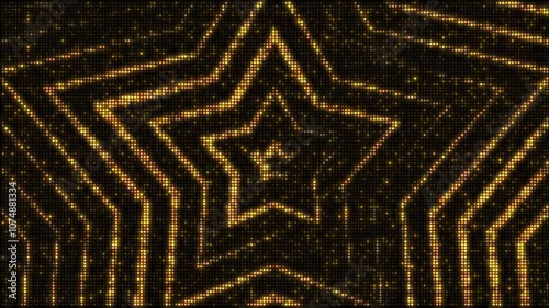 Golden lights backdrop set, glowing stars, seamless loop video animation, flashing light bulb, wall of lights motion graphics.