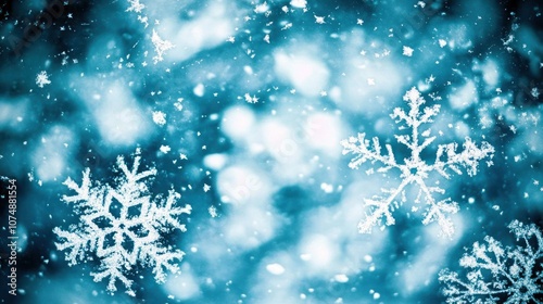 A winter-themed background featuring falling snowflakes on a blue backdrop.