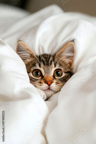 Cute tabby cat relaxing in bed poking its head from under the covers.