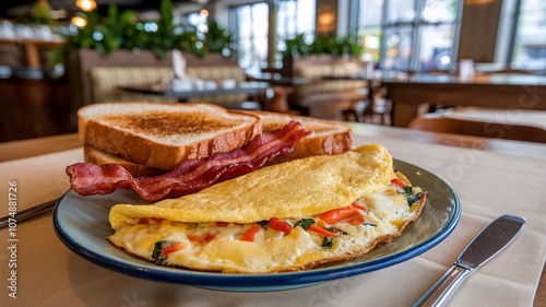 Wallpaper Mural Delicious breakfast plate with fluffy omelet and crispy bacon on a rustic table setting in a cozy restaurant background, perfect for food and lifestyle visuals.  Torontodigital.ca