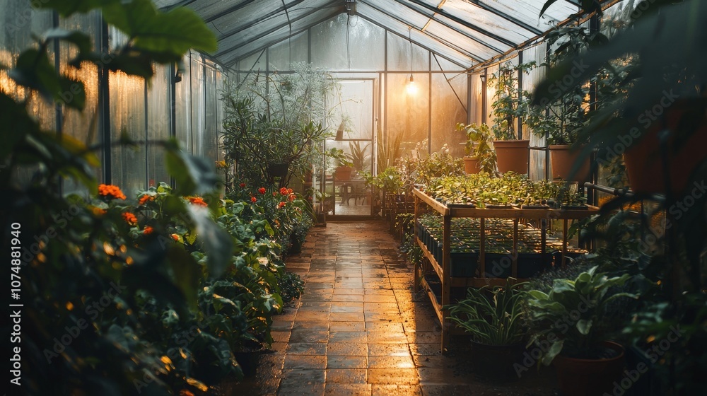 Serene Greenhouse Interior with Lush Plants and Warm Lighting Creating a Tranquil Atmosphere for Indoor Gardening and Plant Enthusiasts Serene Greenhouse Interior with Lush Plants and Warm Lighting Creating a Tranquil Atmosphere for Indoor Gardening and Plant Enthusiasts