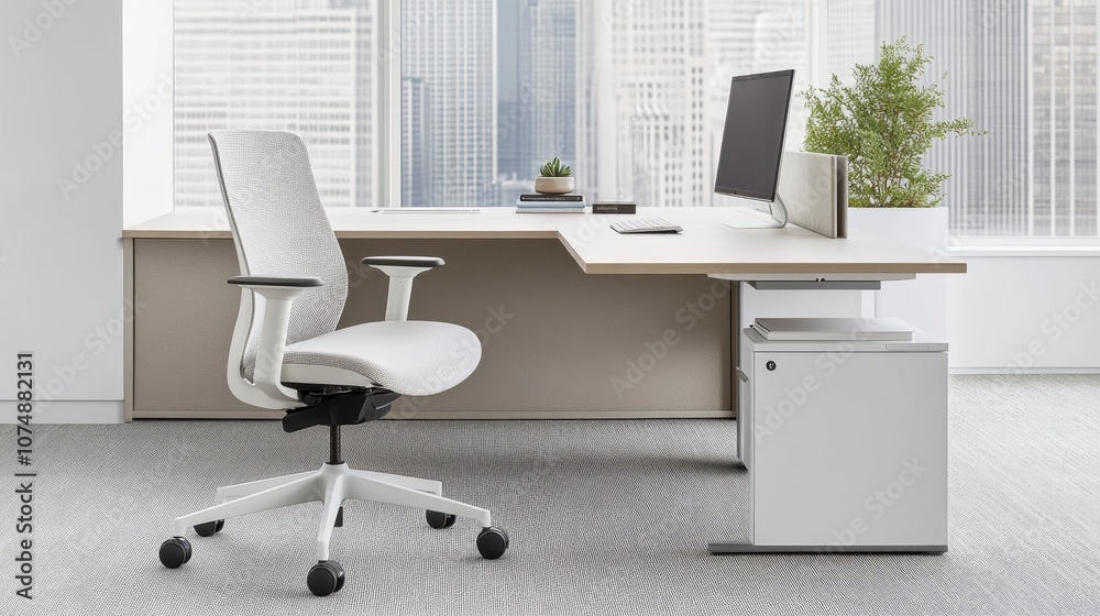 Modern White Office Chair with Desk and City View Modern White Office Chair with Desk and City View