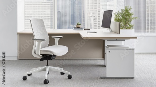 Modern White Office Chair with Desk and City View