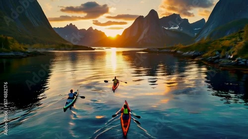 Aerial drone view following kayaks, paddling towards mountains and the sunset in Lofoten, Norway