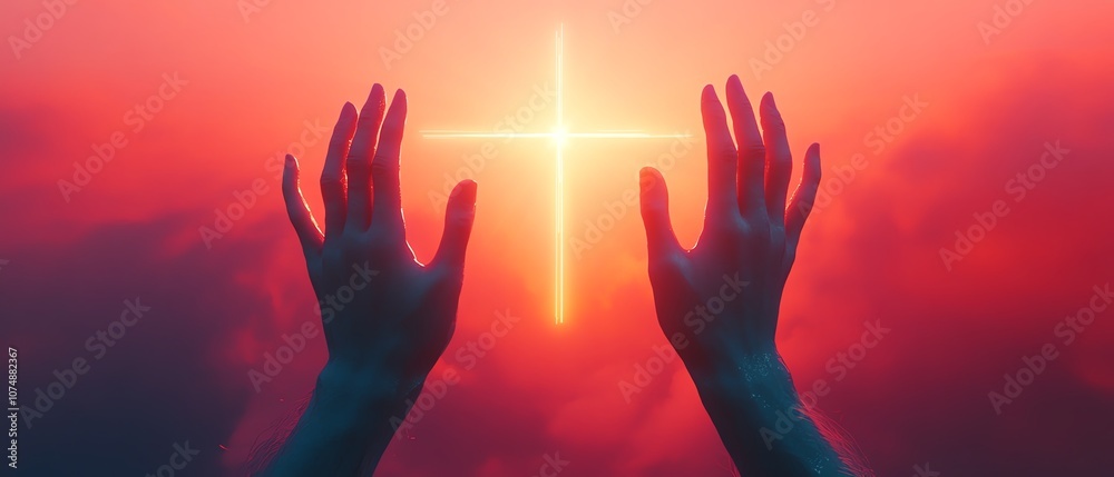 Hands reaching upwards with a glowing cross in the background at sunrise, white color theme, plain background, generative AI, serene and spiritual connection Hands reaching upwards with a glowing cross in the background at sunrise, white color theme, plain background, generative AI, serene and spiritual connection