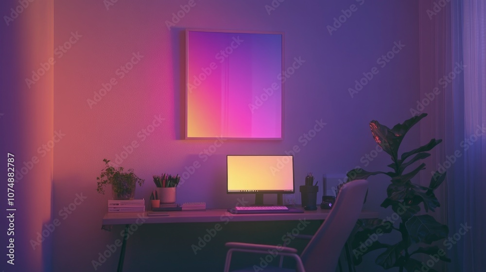 Modern Home Office with Neon Lights and Minimalist Decor Modern Home Office with Neon Lights and Minimalist Decor