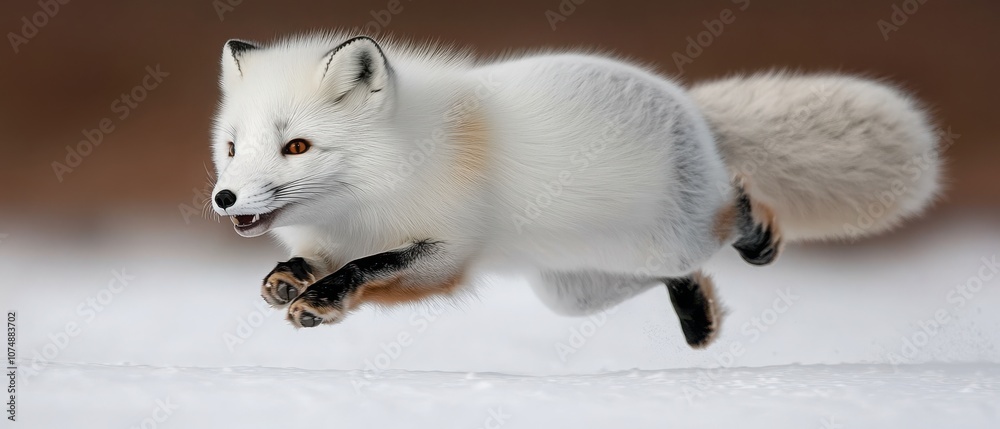 Fototapeta premium A white Arctic fox leaps gracefully across the snow, showcasing its agility and beautiful fur in a cold, serene environment.