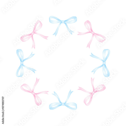 Wallpaper Mural pink and blue bow. Watercolor frame template on white background in pastel colors for textile and wrapping paper. Cute holiday illustration, template for greetings and text Torontodigital.ca