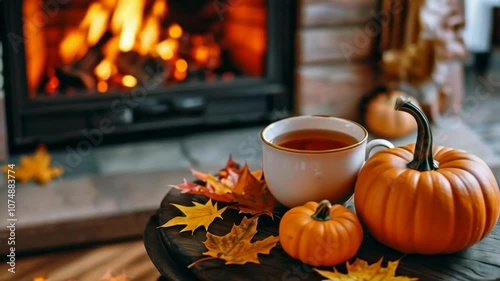 Cup of warm tea, pumpkin, autumn leaves on wooden table against burning fireplace in living room. Cozy autumn recording.