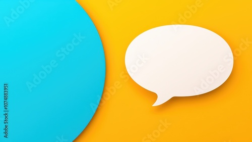 A vibrant, abstract image featuring a blue circle and a white speech bubble on a yellow background, conveying communication and creativity.