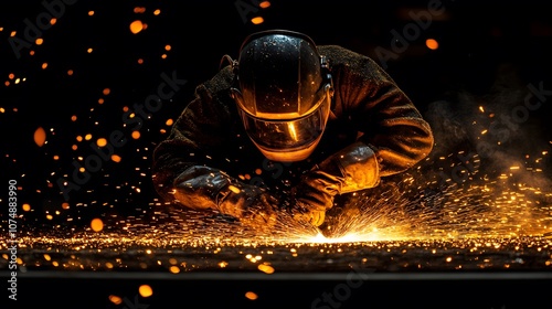 Industrial welder working with flying sparks and protective mask, captured in metal workshop with dramatic orange glow and atmospheric lighting. photo