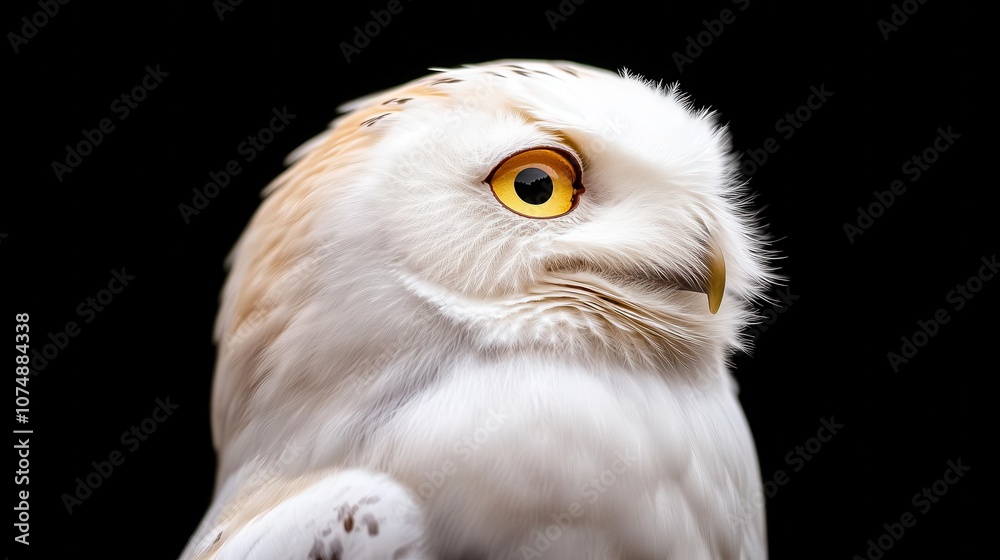 Obraz premium A close-up of a snowy owl with striking yellow eyes and soft white feathers, set against a dark background, showcasing its unique features and beauty.