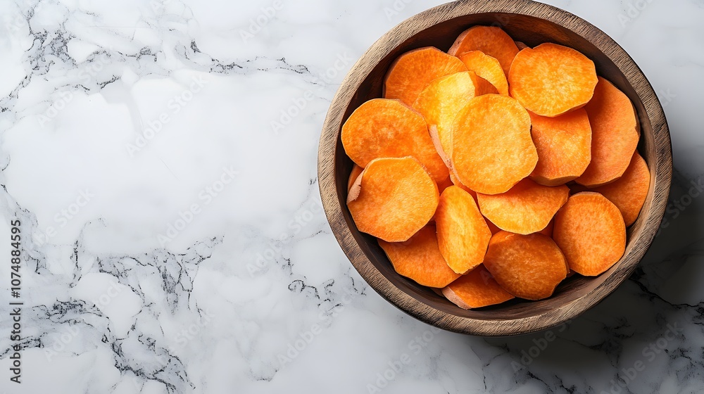 Sweet potatoes and sliced orange yams in rustic wooden bowl on white marble, styled for organic food photography with directional lighting. Sweet potatoes and sliced orange yams in rustic wooden bowl on white marble, styled for organic food photography with directional lighting.