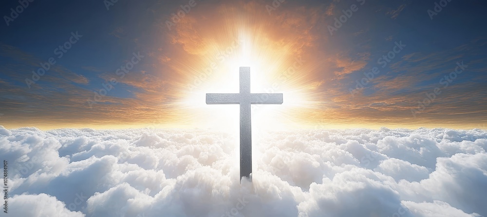 Bright Cross in Sky with Puffy Clouds at Sunset, Concept of Heaven, Hope, Resurrection. Bright Cross in Sky with Puffy Clouds at Sunset, Concept of Heaven, Hope, Resurrection.
