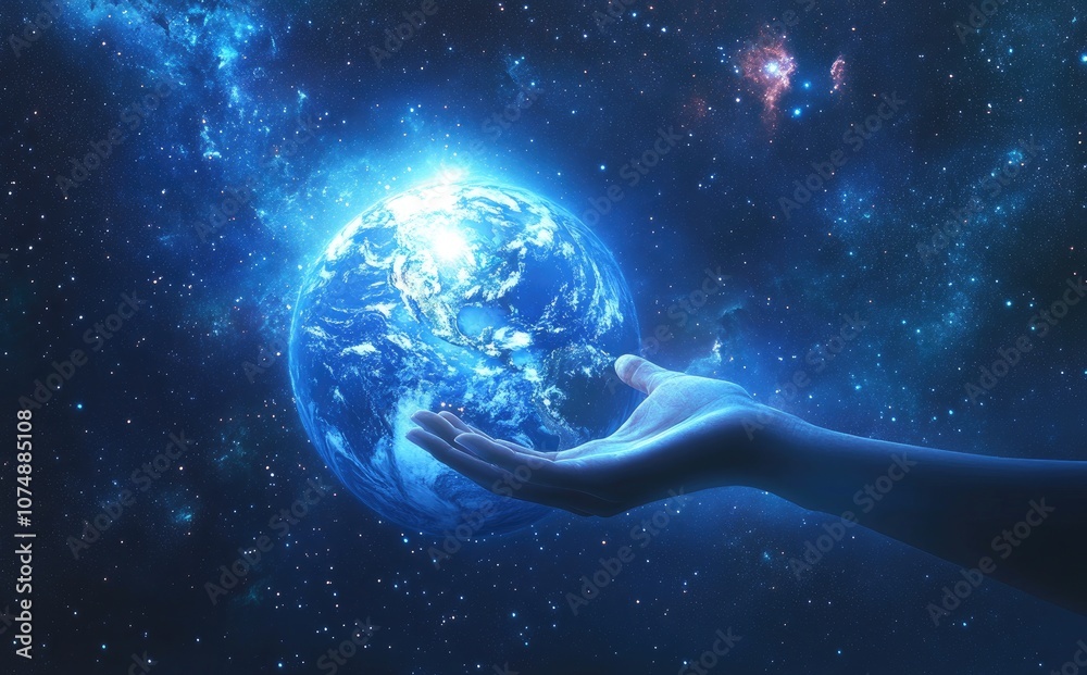 Obraz premium Hand Reaching from Earth Towards Space. Divine Connection, Hope, and Growth with Cosmic Wisdom and Radiant Light