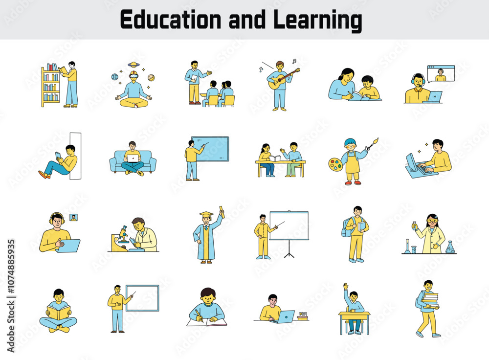 Education and Learning Vector Illustrations: Diverse Activities for Study, Online Courses, Reading, and E-Learning Education and Learning Vector Illustrations: Diverse Activities for Study, Online Courses, Reading, and E-Learning
