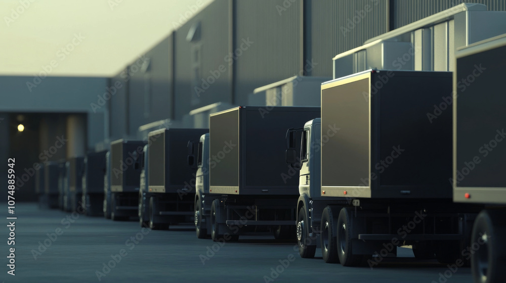 Minimal 3D Render of Row of Trucks Ready for Loading at Distribution Center,Inventory Leaving Minimal 3D Render of Row of Trucks Ready for Loading at Distribution Center,Inventory Leaving