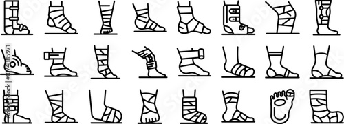 Foot bandage icons set. Collection of injured feet and ankles showcasing various bandaging techniques, braces, and support devices for recovery and pain relief