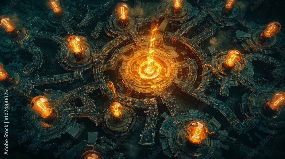 A futuristic city illuminated by glowing lightbulbs. A futuristic city illuminated by glowing lightbulbs.