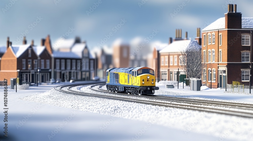 A snowy scene featuring a blue and yellow train passing through a quaint town. A snowy scene featuring a blue and yellow train passing through a quaint town.