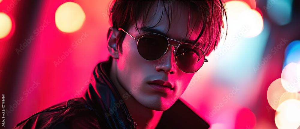 A young man in sunglasses poses confidently under vibrant neon lights in an urban setting during nighttime, showcasing a bold fashion statement A young man in sunglasses poses confidently under vibrant neon lights in an urban setting during nighttime, showcasing a bold fashion statement