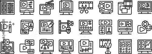 Video editor icons set. Essential icons for video editing software, representing various tools and functions for content creation and post production workflows