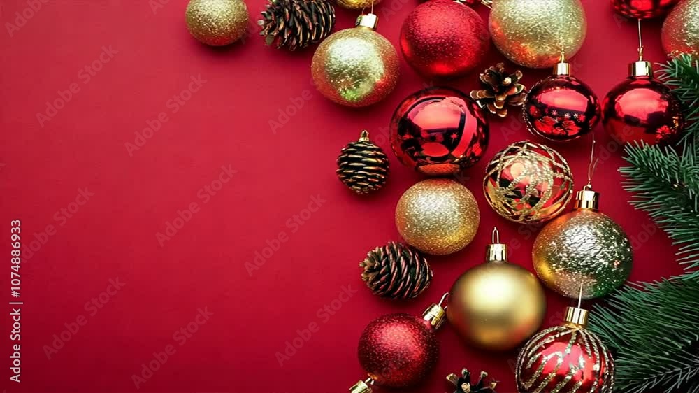 Festive Christmas decorations featuring shiny red, gold, and green ornaments, along with pine cones, create joyful holiday atmosphere perfect for seasonal celebrations.