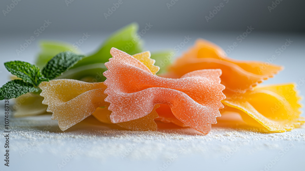 Artisan bowtie pasta in vibrant colors, featuring green, orange, and yellow hues, garnished with mint leaves, creating delightful and fresh presentation Artisan bowtie pasta in vibrant colors, featuring green, orange, and yellow hues, garnished with mint leaves, creating delightful and fresh presentation