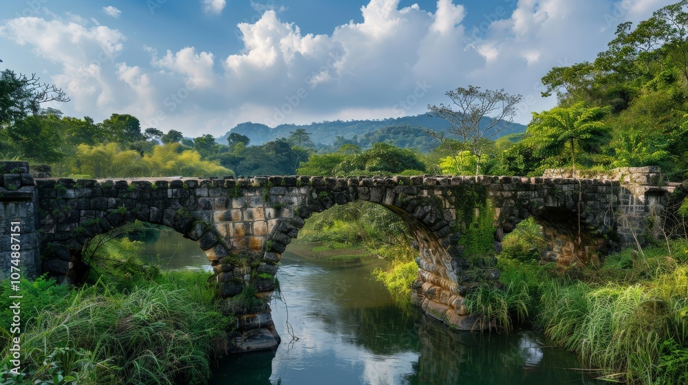 Ancient stone bridge over a scenic river in a lush landscape Ancient stone bridge over a scenic river in a lush landscape