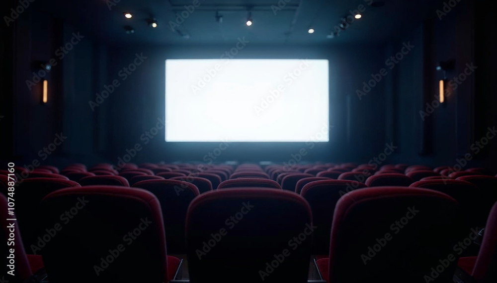 An empty cinema hall with rows of seats, a large white screen, and subtle lighting, ideal for advertising.
An empty cinema hall with rows of seats, a large white screen, and subtle lighting, ideal for advertising.