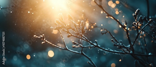 Frost-covered branches glisten in a foggy winter landscape surrounded by soft blue tones during early morning light