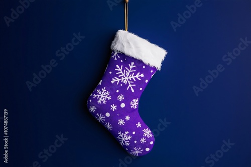 Purple Christmas stocking with white snowflakes is hanging on a blue background photo