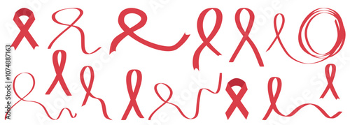 Set of crossed red ribbons as a symbol of world AIDS awareness day. Hand drawn vector illustration in flat style. Decoration for banner, poster, informative preventive web design