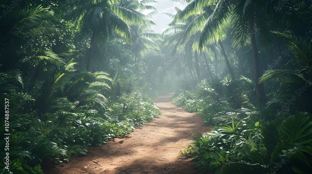 Winding dirt trail through dense tropical rainforest with palm trees and ferns, featuring misty atmosphere and natural sunlight filtering through canopy. Winding dirt trail through dense tropical rainforest with palm trees and ferns, featuring misty atmosphere and natural sunlight filtering through canopy.