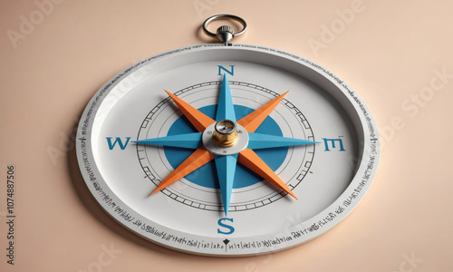 A compass with a blue and orange needle points north on a white background