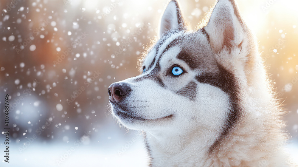 A beautiful gray Husky with piercing blue eyes gazes into the distance on a snowy winter day.